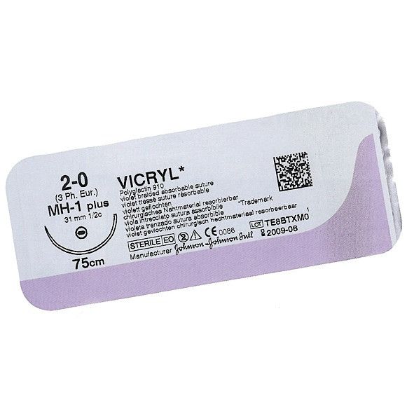 Викрил 4/0 Johnson&Johnson, игла колющая 20мм, уплощенный кончик, окр. 1/2, цвет фиолетовый, 75см, 12шт 